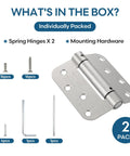 Heavy Duty 4 Inch Self Closing Door Hinges 2 Pack Featuring Adjustable Spring Tension And A Sleek Satin Nickel Finish shown with mounting hardware.