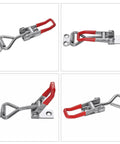 Heavy Duty Adjustable Draw Latch Set 10-Piece Rust Proof Toggle Clamps For Tools, side views of clamp with red handle.