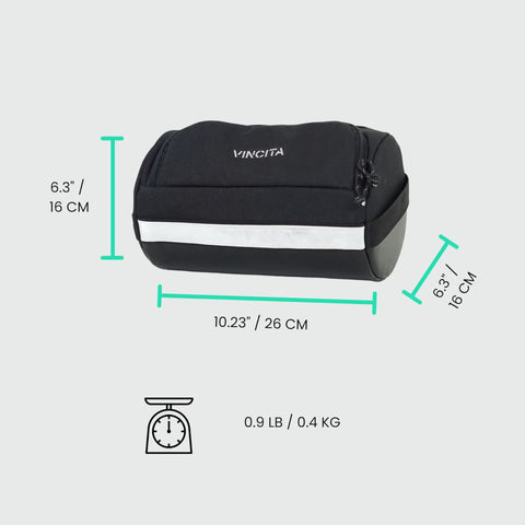 Everywhere Handlebar Bag 5L Rigid Front Barrel Pack With Foam Spacer Kit dimensions and weight details shown in image