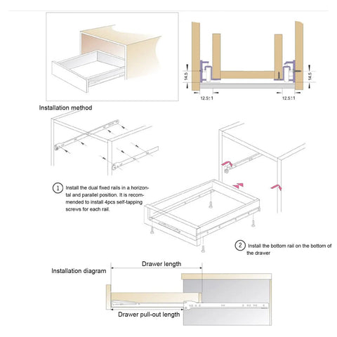 Diagram showing installation of Beefy Cold Rolled Steel Drawer Slide Kit 25 Cm Cabinet Track Rail in a drawer setup