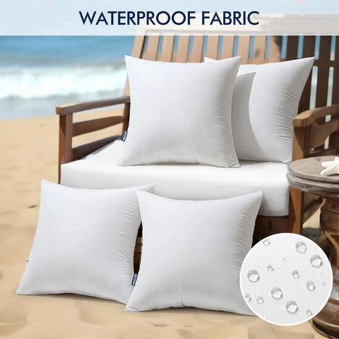 Pack Of 4 20x20 Inch Outdoor Waterproof Pillow Inserts For Patio Sofa Couch Decorative Throw Pillow Inserts Square Lumbar Garden Pillow Forms With PU Coated Fabric And 7D Fiber Fill on beach bench
