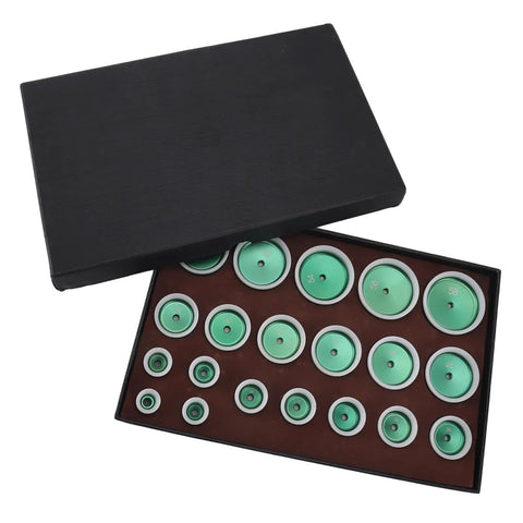 Watch Press Die Set 20 Pcs Kit, 20 To 58mm Dies For Back Case Closer in open box showing green metal and ABS tools.
