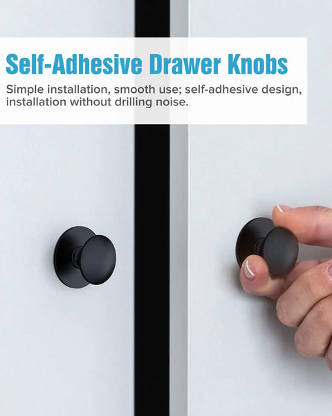 Hella Durable Self Adhesive Cabinet Knobs Top Shelf Hardware Super Sleek Black Finish For Kitchen Drawers And Cupboards, close-up of hand using knob.
