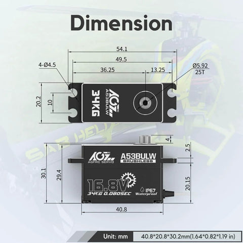 Diagram showing dimensions of Beefy 34Kgcm High Torque RC Steering Servo Waterproof Low Profile For 1 To 10 Scale RC Cars
