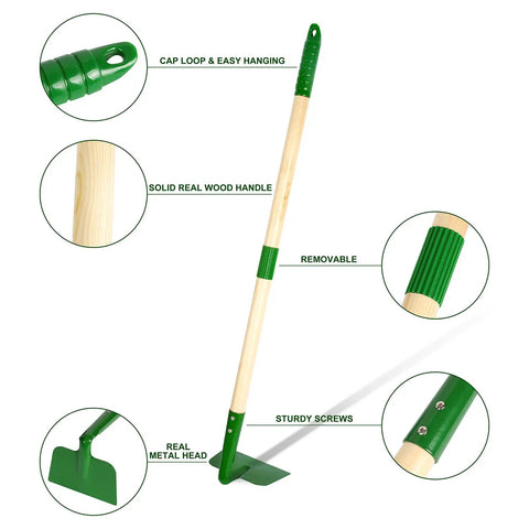Kid Friendly Garden Tools Set With 7 Piece Wheelbarrow Kit Shovel Rake Leaf Rake Gloves And Spray Bottle For Backyard Fun Designed For Little Garden Heroes Ages 2 3 Plus Green showing removable hoe with metal head and wooden handle.