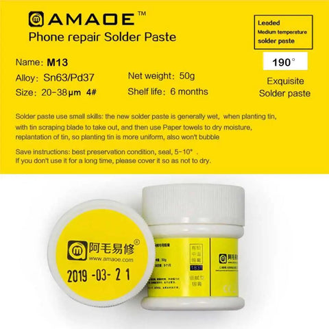 Flux Solder Paste For Mobile Phone Repair Sn63 Pd37 Alloy With Silver Content 50g Amaoe M13 packaging with product details