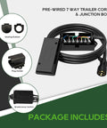 8 Foot 7 Way Trailer Cord With Waterproof Junction Box Kit Including 12V Breakaway Switch And Plug Holder, 7 Color Coded Wires
