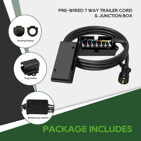 8 Foot 7 Way Trailer Cord With Waterproof Junction Box Kit Including 12V Breakaway Switch And Plug Holder, 7 Color Coded Wires