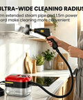Heavy Duty Handheld Steam Cleaner With A Massive 2500W Output For Fast Heating Up To 105C using extended steam pipe in a kitchen.