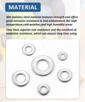 Front view of stainless steel flat washers (304), assorted sizes, 7/16 in outer diameter, on white background
