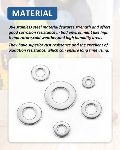 Front view of stainless steel flat washers (304), assorted sizes, 7/16 in outer diameter, on white background