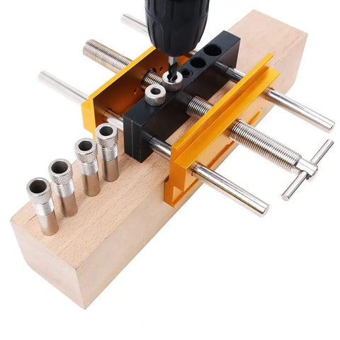 Self Centering Doweling Jig Kit For 6 Inch Dowel Jig With 6 Drill Guide Bushings on wood board