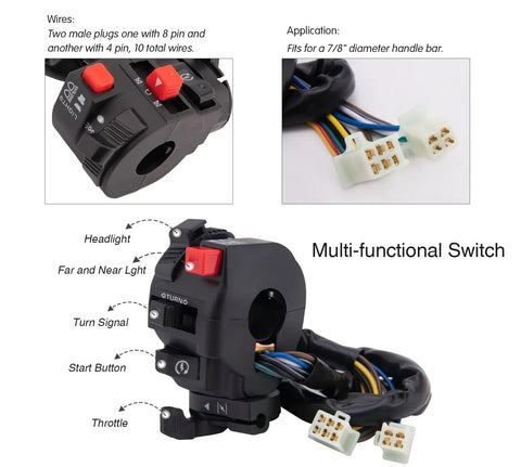 Multi-functional switch of All In One GY6 Wiring Harness Kit For 50Cc To 125Cc Engines with labeled connections and plugs