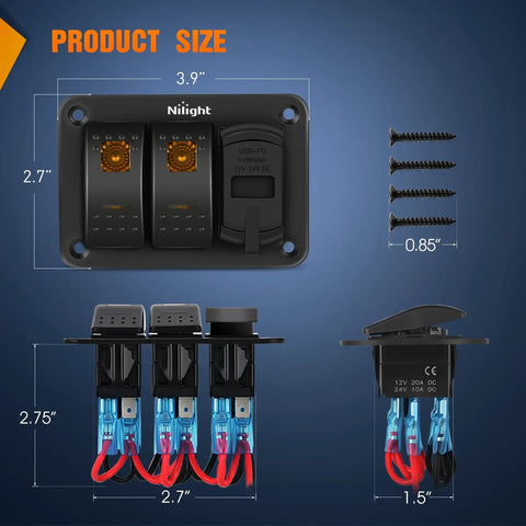 Dimensions of Two Gang Rocker Switch Panel With PD Type C USB Charger And Voltmeter 12V SPST On Off Toggle Switches