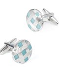 Classy Blue Silver Plated Cufflinks And Tie Clips For Men Clean Cut Formal Business Threads Hypoallergenic Round Grid Style Solid Gift For Husband Dad On Valentine Or Fathers Day with blue accent grille.