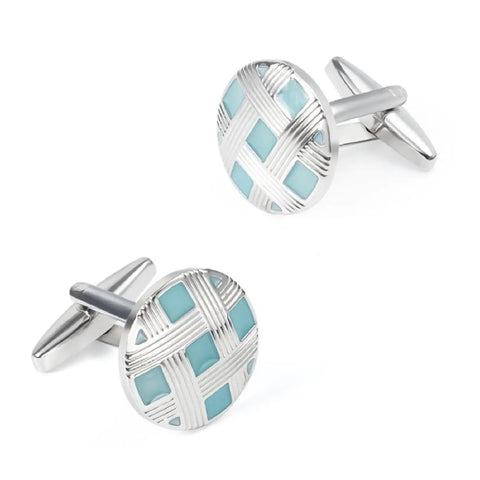Classy Blue Silver Plated Cufflinks And Tie Clips For Men Clean Cut Formal Business Threads Hypoallergenic Round Grid Style Solid Gift For Husband Dad On Valentine Or Fathers Day with blue accent grille.