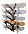Five Tier Skateboard Wall Mount Rack With Rustic Wood And Black Steel Hooks For Tight Garages, showcases longboards. Ideal for compact spaces.