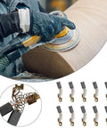 10 Pack Heavy Duty Carbon Motor Brushes for Drywall Sanders and Impact Drivers shown with sander in use, detail of carbon brushes.