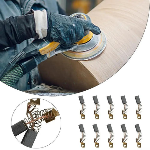 10 Pack Heavy Duty Carbon Motor Brushes for Drywall Sanders and Impact Drivers shown with sander in use, detail of carbon brushes.
