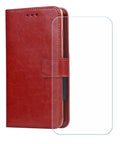 Super Stylish Brown Cover For Danew Trace T-One 5 Inch Phone Plus HD Glass Film Protector With Precise Cuts And Full Access To Camera Speakers in close-up view.