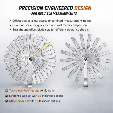 Pro Grade Stainless Steel Feeler Gauge Set With 32 Straight And 16 Angled Blades Dual Marked SAE And Metric Spark Plug Gap Tool