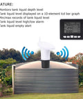 Water Level Sensor With Temperature Readout And Alarm, Ultrasonic Depth Meter for tanks with LCD display and alerts shown.