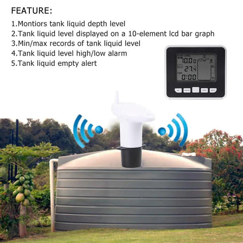Water Level Sensor With Temperature Readout And Alarm, Ultrasonic Depth Meter for tanks with LCD display and alerts shown.