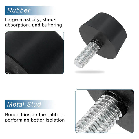 Heavy Duty Rubber Vibration Isolator Mounts 4Pcs Pack Conical Silent Blocks For Air Compressors Motors And Engines M8 X 20mm Threads close up of rubber mount with metal stud.