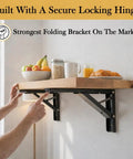 Heavy Duty Folding Shelf Brackets 20 Inch Set Of Two 500 Lbs Wall Mounted Collapsible Brackets with Locking Hinge in use.