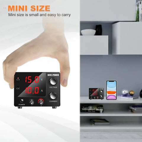 Hand holding Variable DC Power Supply 0-30V 0-10A, 150W Bench Power Supply With Encoder And 3-Digit LED Display