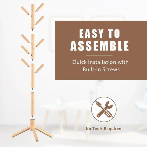 Wooden Coat Rack Stand With Eight Hooks Made From New Zealand Pine Three Section Adjustable Height Easy Assembly Coat Tree