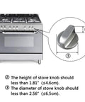Stove with diagram showing compatibility dimensions for Clear 6 Pack Stove Gas Knob Covers For Kids Safety, Hassle Free Adhesive Install