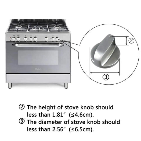 Stove with diagram showing compatibility dimensions for Clear 6 Pack Stove Gas Knob Covers For Kids Safety, Hassle Free Adhesive Install