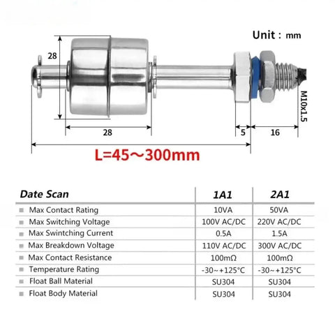 Float Switch NO NC Flow Sensor For Water Tanks And Pumps 75mm Pole Length 220V 1A1 2A1 Stainless Steel Liquid Level Sensor Auto Controller For Water Towers And Tanks Durable Industrial Grade, dimension view