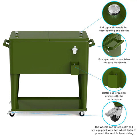 80 Quart Rolling Cooler On Wheels For Outdoor Patio Parties And Bar Events With Bottle Opener Drain Plug And Built In Shelf