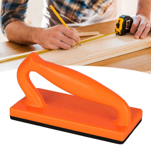 Pro Grade Direct Push Block For Table Saws, ABS Woodworking Push Stick shown with orange ergonomic handle and measuring tape.