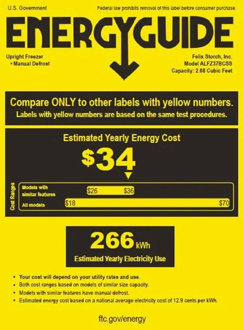 Energy guide label for Game Changer Undercounter All Freezer With Stainless Steel Finish and Slick Towel Handle.