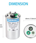 50 Plus 5uF MFD Dual Run Capacitor For Your ACs And HVAC Systems 370 To 440 VAC CBB65 Type with dimensions and terminals