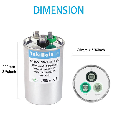 50 Plus 5uF MFD Dual Run Capacitor For Your ACs And HVAC Systems 370 To 440 VAC CBB65 Type with dimensions and terminals