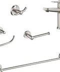 Indy Single Handle Bathroom Faucet In Spot Free Stainless Steel With Matching 24 Inch Towel Bar Toilet Paper Holder Towel Ring And Robe Hook Five Piece Bath Kit