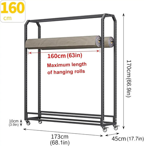 Heavy Duty Fabric Roll Storage Rack With Adjustable Textile Display Shelves And Slick Rolling Platform, dimensions marked for hanging rolls.