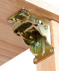 Close-up of folding hinge with self-locking mechanism installed on wooden table corner, 90 degree and zero degree adjustable, durable welding hinge.