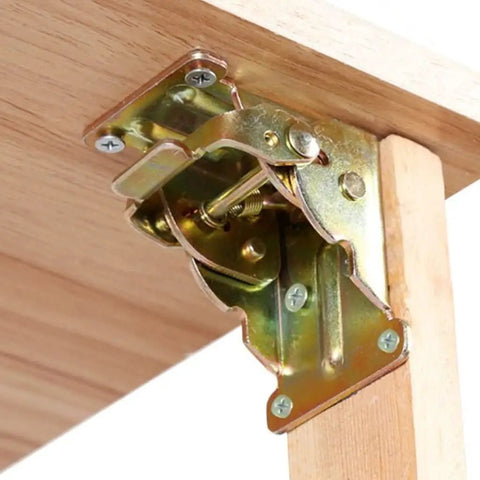 Close-up of folding hinge with self-locking mechanism installed on wooden table corner, 90 degree and zero degree adjustable, durable welding hinge.