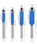 Four Piece One Quarter Inch Shank Top Bearing Flush Trim Router Bit Set With Diameters One Quarter, Five Sixteenths, Three Eighths, And One Half Inch For Veneer Flush Trimming And Template Work Pro Grade Kit For Precise Repeats showing all four sizes with measurements