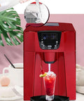 Hella Quick Countertop Ice Maker Machine With Dope Stainless Steel Build And 220V Power Make Crystal Clear Cubes And Fresh Snow Flakes Perfect For Home Kitchens And Weekend Hangouts Smart Indicator Panel pouring water into red ice maker.