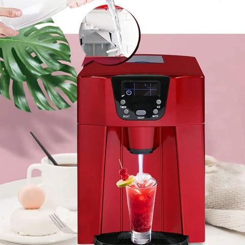 Hella Quick Countertop Ice Maker Machine With Dope Stainless Steel Build And 220V Power Make Crystal Clear Cubes And Fresh Snow Flakes Perfect For Home Kitchens And Weekend Hangouts Smart Indicator Panel pouring water into red ice maker.