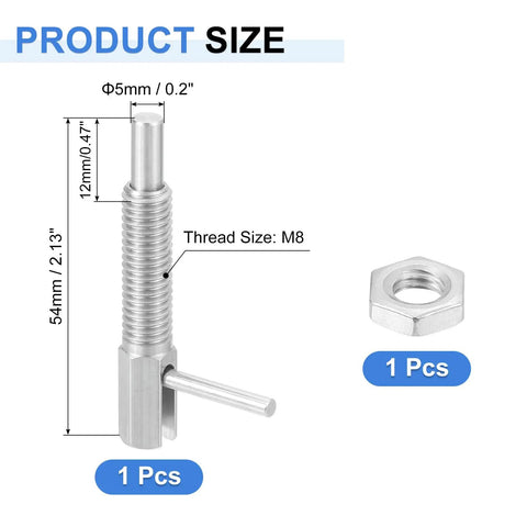 Stainless Steel Retractable Index Plunger Pin, Spring Loaded Positioning Latch With Nut, M8 Thread dimensions displayed