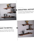 Rock Solid Heavy Duty Wall Mounted Shelf Brackets Four Pack Black Iron Pipe Style showcasing wooden shelves with decor, easy to install.