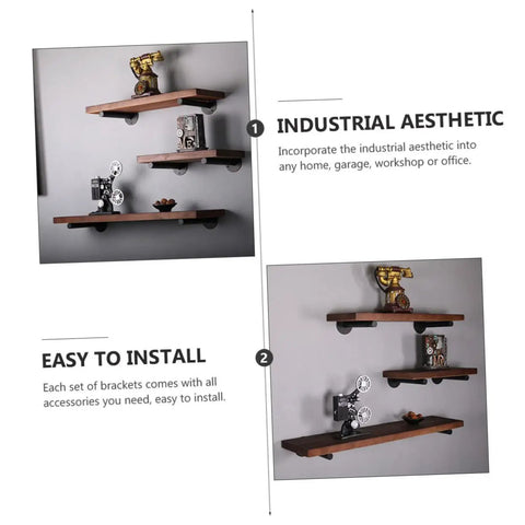 Rock Solid Heavy Duty Wall Mounted Shelf Brackets Four Pack Black Iron Pipe Style showcasing wooden shelves with decor, easy to install.