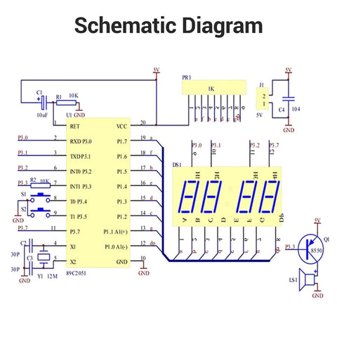Schematic diagram of the Four Digit Digital Clock Kit With PCB For Learning Electronics DIY Alarm Clock Soldering Project